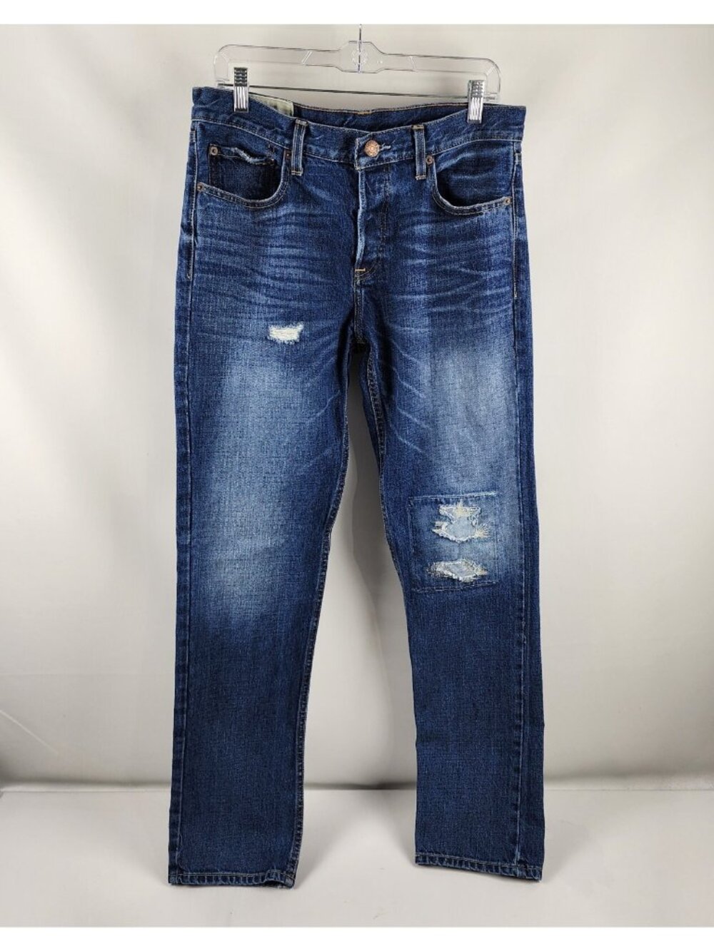 Hollister Jeans Mens 32x33 Blue Distress Slim Straight Button Fly Denim